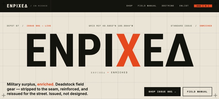 ENRICHED 'Depot' website design by Whitcomb Design · military-surplus streetwear brand for Kaegan Badger